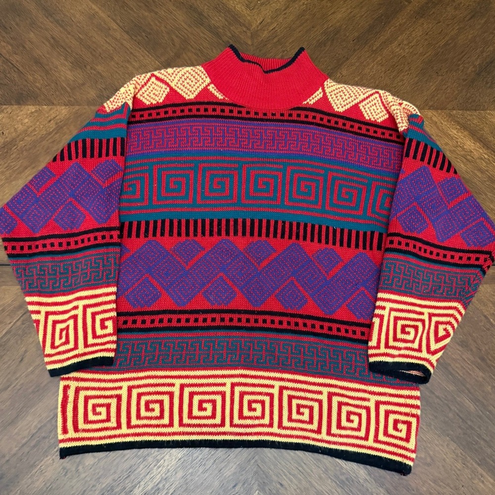 Vintage Michael Carrie Geometric Greek Key Knit Sweater Red Multi Color Mens M